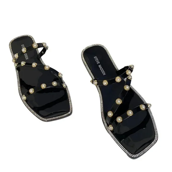 Steve Madden Black Pearl-Studded Flat Sandals With Rhinestone Trim Womens Size 9 - Picture 4 of 11